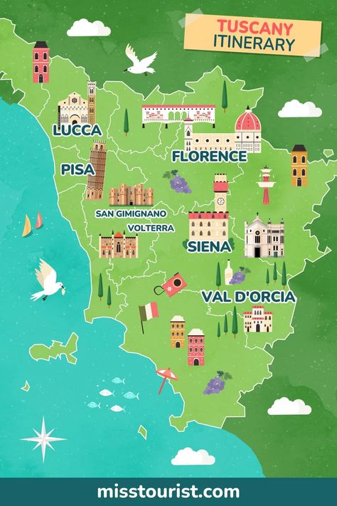 Discover Tuscany in just 6 days with our tailor-made itinerary. From Florence to Siena, then ending in beautiful Pisa - explore ideal accommodations, top attractions, bookstore tickets, and key budget advice. Dive into wine tasting, marvel at iconic architecture, and take that must-have photo at rolling hills and medieval towns. Pin this now! Map Of Tuscany Italy, Tuscany Map, Italy Adventure, Medieval Towns, Airport Map, Budget Advice, Iconic Architecture, Living In Italy, Us Virgin Islands