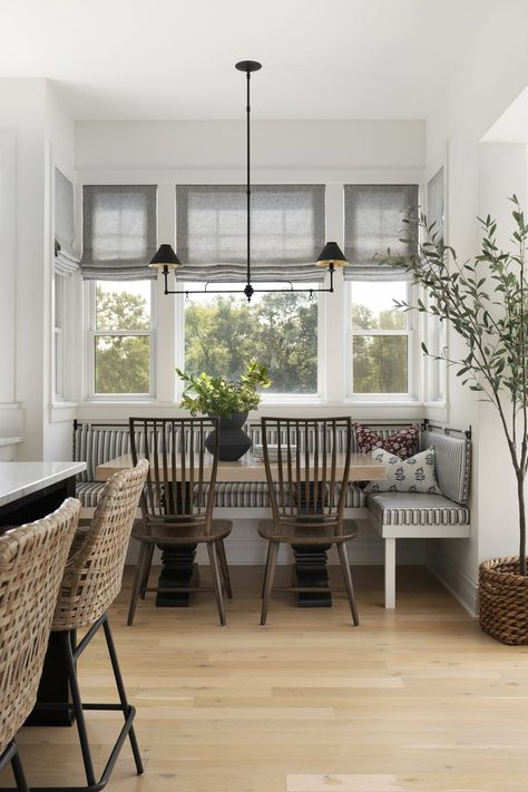 Prestwick Project Reveal | Bria Hammel Interiors Backless Breakfast Nook Bench, Hanging Back Cushion, Dining Nook With Windows, Breakfast Nook Traditional, Country Contemporary Home, Traditional Breakfast Nook, California Farmhouse, Kitchen Dining Nook, Bria Hammel Interiors