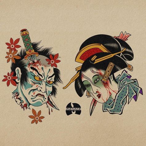 Japanese Gore Tattoo, Japanese Namakubi Tattoo, Yokai Tattoo Design, Namakubi Geisha, Namakubi Tattoo Traditional, Namakubi Tattoo Design, American Traditional Japanese, Japan Traditional Tattoo, Japanese Traditional Tattoo Flash