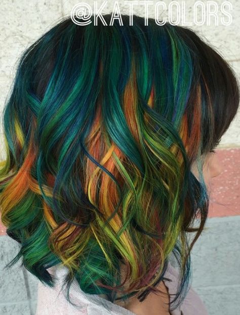 Absolutely love this green orange Teal dyed hair color inspiration 2023 Fashion Hair Color, Spooky Hair Color Short Hair, Silver And Green Hair, Colorful Fall Hair, Winter Vivid Hair Color, Teal Dyed Hair, Dark Rainbow Hair, Rainbow Underneath Hair, Goblincore Cottage