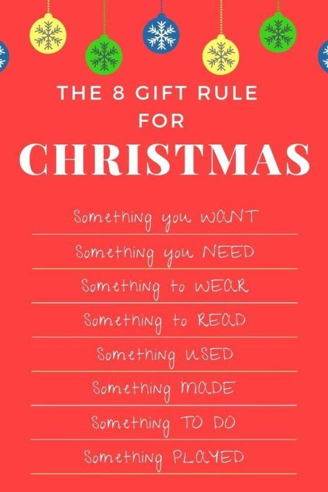 Keep Christmas simple, stress-free, and clutter-free with this brand new spin on the four gift rule for Christmas. This 8 Gift Rule for Christmas will become a family tradition you can carry on year after year. Something they want, need, wear, read, used, made, to do, played. Lots of eco-friendly, wooden, natural, STEM, and budget friendly gift ideas. #christmas #christmasgiftideas #giftsforkids #minimalism #holfamily Gift Rule For Christmas, Budget Friendly Gift Ideas, Want Need Wear Read, Cheap Christmas Ornaments, Kids Christmas List, Budget Friendly Christmas Gifts, Christmas Gift Themes, Christmas Tress, Christmas Books For Kids