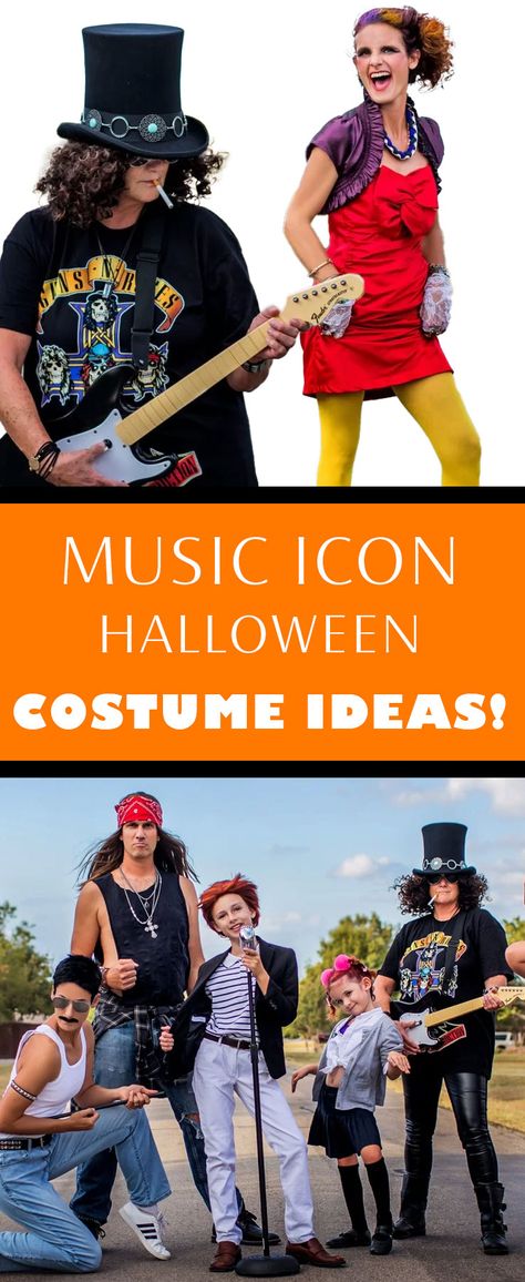 Music Icon costumes, Rock and Roll costumes! Freddi Mercury, Slash, Axl Rose, & more music icons. The most epic Halloween costume photoshoot! 80s Rockstar Halloween Costume, Famous Singer Halloween Costume, Music Legends Costume Ideas, Metalhead Halloween Costume, Iconic Musician Costume, Rockstar Family Halloween Costume, Music Icon Halloween Costumes, Musicians Halloween Costumes, Musical Couples Costumes