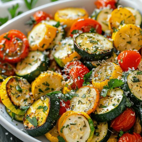 How to Make Roasted Garlic Parmesan Zucchini, Squash, and Tomatoes Garlic Parmesan Zucchini, Cottage Cheese Salad, Chicken Cashew Stir Fry, Chickpea Curry Recipe, Roast Zucchini, Zucchini Squash, Parmesan Zucchini, Creamed Spinach, Yellow Squash