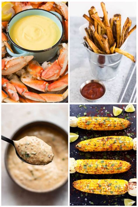 Whether you're having snow crab legs, Alaskan king crab legs or Dungeness crab, the simplicity of sweet tender crab meat doesn't need much adornment. Just pair them with a tasty dipping sauce and some classic side dishes that everyone will love. Here are 20 ideas for what to serve with crab legs for a delicious and easy seafood dinner - no need to wait for special occasions! Crowd favorites like French fries, potato salad, Caesar salad, corn on the cob, and sauces from spicy and garlic butter. Dungeness Crab Dipping Sauce, King Crab Leg Dinner Sides, Sides With Crab Legs Dinners, Crab Legs Sides Dishes, Sides For Crab Legs Dinners, Crab Dipping Sauce, Crab Legs Boil, Crab Legs On The Grill, Easy Seafood Dinner