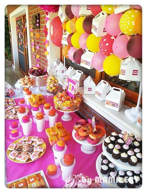 Colorful dessert table at a donut birthday party! See more party planning ideas at CatchMyParty.com! Dunkin Donut Birthday Party, Dunkin Birthday Party, Dunkin Donuts Birthday Party, Dunkin Party Theme, Dunk And Donuts Birthday Party, Dunkin Donuts Party Theme, Donuts Party Birthday, Dunkin Donuts Party, Dunkin Party