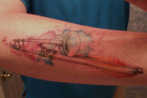 Watercolor Trombone by Rowell Alfellor @ Urban Elements Tattoo in Denver CO Trombone Tattoo Ideas, Trombone Tattoo, Watercolor Tattoo Artists, Gay Tattoo, Elements Tattoo, Memorial Tattoos, Music Tattoos, Trombone, Tattoos Ideas