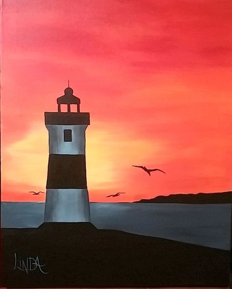 Easy Light House Painting, Simple Lighthouse Painting, Lighthouse Sunset Painting, Light House Painting Acrylic Easy, Light House Paintings, Light House Painting Acrylic, Lighthouse Painting Easy, Lighthouse Painting, Lighthouse Pictures