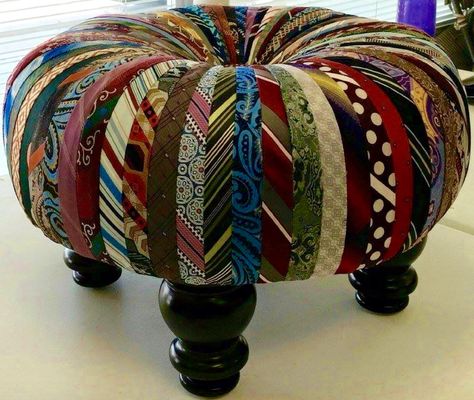 Awesome footstool made from old ties! Old Neck Ties, Tire Craft, Necktie Crafts, Old Ties, Tie Quilt, Tie Crafts, Old Tires, Great Gifts For Dad, Home Decorating Ideas