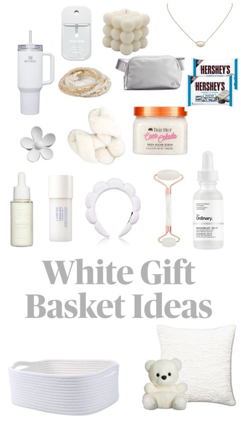 The perfect gift basket for a preppy girl who likes the color white. Color Baskets Gift Ideas, White Gift Basket Ideas, Gift Baskets For Best Friend, White Gift Basket, Perfect Gift Basket, Beautiful Butterfly Photography, Cute Gifts For Friends, Birthday Gift Baskets, Gift Inspo