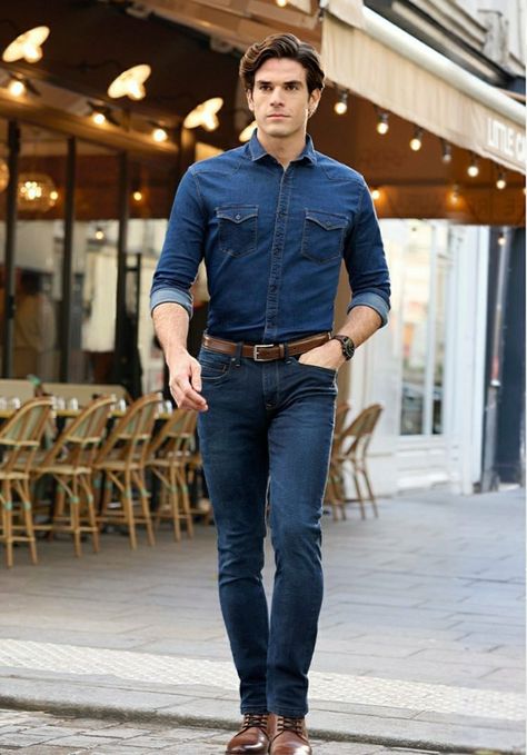 Piti Uomo, Blue Denim Shirt Outfit, Blue Shirt Combination, Big Guy Style, Mens Jeans Guide, Denim Shirt Outfit, Blue Pants Men, Denim Outfit Men, Mens Jeans Fit