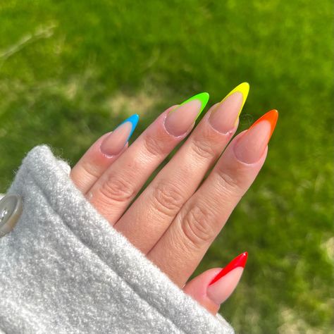 Neon Rainbow French Tip Nails Almond, Rainbow Nails French Tip, Rainbow French Nails, Rainbow French Manicure, Rainbow French Tips, Rainbow French Tip Nails, Rainbow French, Nails Rainbow, Pride Nails