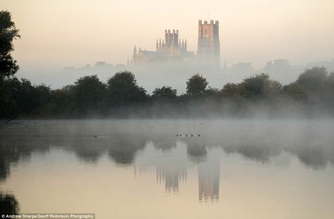 Scenic: A layer of mist rises over the River Cam in Cambridgeshire this morning, as Ely Cathedral sits in the background Autumn Pictures, Ely Cathedral, Mists Of Avalon, Pictures Of The Sun, Scenic Pictures, Uk Weather, Sun Shining, Over The River, Fall Pictures