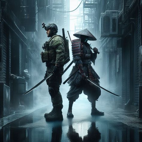 A mix between a modern soldier and a samurai in a rainy alley Futuristic Creatures, Samurai Soldier, Skull Soldier, Modern Soldier, Modern Samurai, Urban Samurai, Tactical Gear Loadout, Black Cartoon Characters, Samurai Art