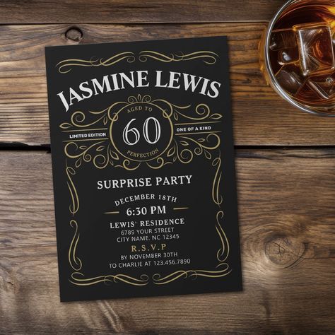 $1.99 | Any Age Whiskey themed surprise 60th birthday Invitation #adultbirthdayinvitations #surprisepartyinvitations #personalizedbirthdaypartyinvitations #70th80th90thbirthdayparty #21st30th40th50th60th #classicwhiskeylabel #funny #vintageagedtoperfection #whiskeybirthdayinvitationforwomen #whiteblackandgold Vintage Aged To Perfection, Whiskey Birthday, Surprise 60th, Surprise Party Invitations, Aged Whiskey, Whiskey Label, 60th Birthday Invitations, 90's Birthday Party, Adult Birthday Invitations