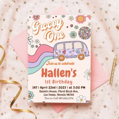 $3.08 | Groovy One Retro Daisy Rainbow First Birthday #retro, daisy, boho, pink, floral, hippie, rainbow, pastel, birthday, groovy one Groovy Birthday Theme, Groovy One First Birthday, Simple Birthday Invitations, Happy Birthday Sweetie, Blowing Out Candles, Flower Birthday Invitations, Magical Birthday Party, Groovy Birthday Party, Third Birthday Invitations