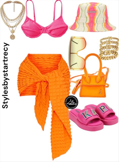 Pink And Orange Vacation Outfits, Resort Outfits Black Women, Orange Vacation Outfits, Orange Swimsuit Outfit, Vacay Fits, Bathing Suit Outfits, Holiday Outfits Summer, Vacation Outfits Women, Cute Vacation Outfits