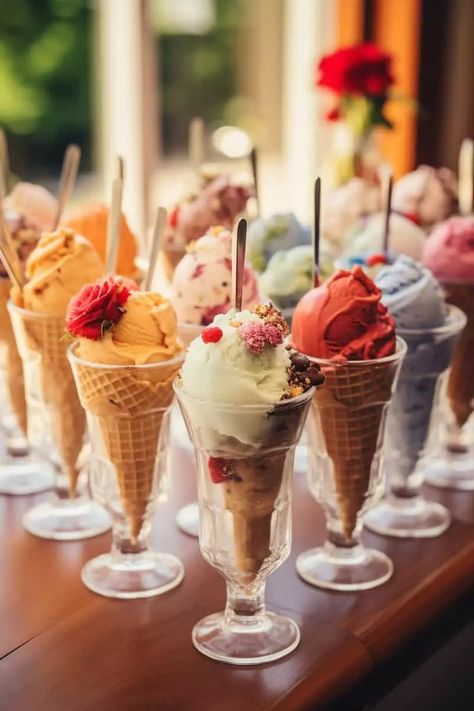 A colorful array of ice cream cones in glass holders on a wooden table. Each cone is topped with different flavors and garnished with small flowers or candies. Sunlight filters through a window in the background, creating a warm and inviting scene. Wedding Ice Cream Bar Ideas, Ice Cream Serving Ideas, Wedding Food Ice Cream Bar, Ice Cream Wedding Bar, Ice Cream For Wedding, Ice Cream At Wedding, Ice Cream Sundae Bar Ideas, Ice Cream Bar Wedding Reception, Ice Cream Bar