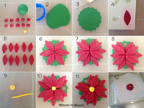 Polymer clay Poinsetta ornament picture tutorial  Minuet in Mauve blog Christmas Polymer Clay Ideas Tutorials, Polymer Clay Poinsettia, Clay Poinsettia, Polymer Christmas, Christmas Angel Crafts, Cookies Party, Polymer Flowers, Clay Fairy House, Picture Tutorial