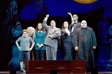 Adam Riegler, Jackie Hoffman, Krysta Rodriguez, Nathan Lane, Bebe Neuwirth, Zachary James and Kevin Chamberlin in The Addams Family. Kevin Chamberlin, Addams Family Members, Addams Family Show, Nathan Lane, Bebe Neuwirth, Addams Family Musical, Bald Caps, Charles Addams, Addams Family Costumes