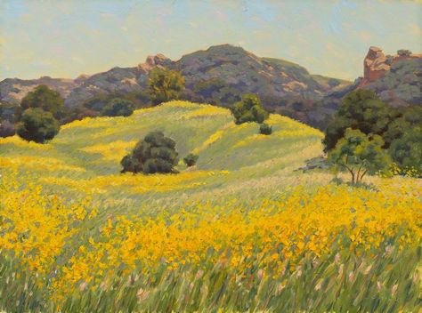 An oil painting, created on location in Topanga Canyon, this work captures a field of wild oats filled with Lupin and Mustard flowers set against the slopes of Topanga Canyon. City Living Room, Beautiful Landscape Paintings, Wild Oats, Mustard Flowers, Topanga Canyon, Field Painting, Plein Air Paintings, Water Painting, Flower Field