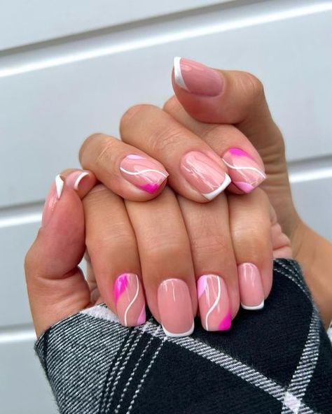 Short Pink Abstract Nails, Modern Nail Designs, Manicure For Short Nails, Nails Acrylic Pink, Nails In Pink, Pink And White Nails, Pink Nail Art Designs, Swirl Nails, Acrylic Pink