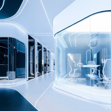 Futuristic Office, Ed Design, Innovation Lab, Futuristic Interior, Futuristic Style, Gallery Design, Architect House, Real Estate Sales, Futuristic Design