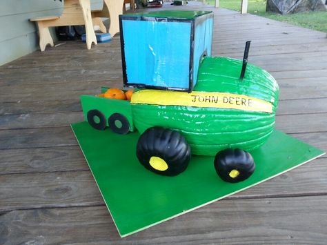 Tractor john deer pumpkin painting Farm Theme Pumpkin Painting, Pumpkins Decorated As Book Characters, Green Painted Pumpkin Ideas, Boy Pumpkin Decorating Ideas, Tractor Pumpkin Painting, Farm Pumpkin Painting, Deer Pumpkin Painting, Farm Pumpkin Decorating, Tractor Pumpkin Carving