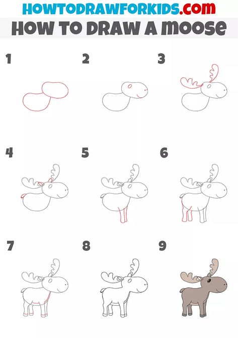 Simple Moose Doodle, How To Draw A Moose Step By Step, Moose Drawing Easy, Moose Head Drawing, How To Draw Woodland Animals, Moose Drawing Simple, How To Draw A Moose, Moose Doodle, Moose Sketch