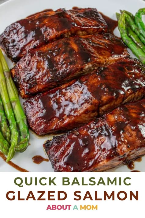 Balsamic Glazed Salmon Baked, Balsamic Fish Recipes, Salmon Glaze Recipes Healthy, How To Use Balsamic Glaze, Maple Balsamic Salmon, Balsamic Glaze Recipe Dinners, Recipes Using Balsamic Glaze, Salmon With Balsamic Glaze, Honey Balsamic Salmon