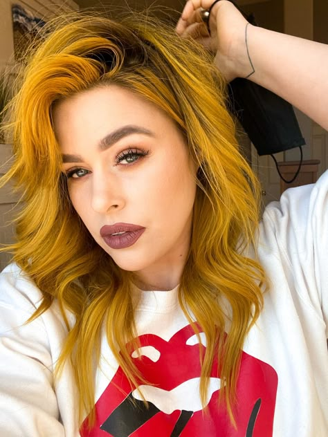 Yellow mustard hair pulp riot satire pravana yellow direct dye Mustard Yellow Hair Color, Yellow And Grey Hair, Mustard Hair Color, Yellow Copper Hair, Yellow And Brown Hair, Brown And Yellow Hair, Sunflower Hair Color, Yellow Balayage, Yellow Hair Ideas