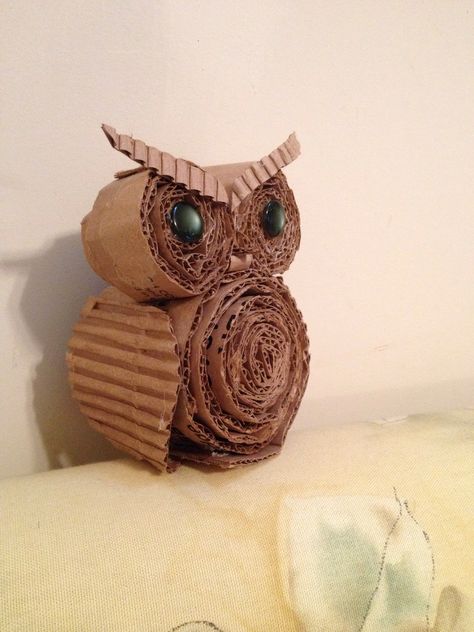 Cardboard owl made by a child Cardboard Owl, Egg Carton Owl, Owl Paper, Cardboard Owl Craft, Cardboard Owls Diy, Papier Mache Owl, Torn Paper Owl Craft, Owl Activities, Ecofriendly Crafts