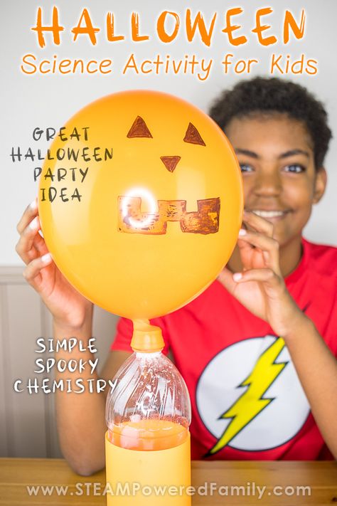 Check out this spooky Halloween balloon surprise experiment! Using only simply supplies from the kitchen, and a balloon, kids can explore chemical reactions with a spooky fun surprise. Perfect for elementary ages, this Halloween activity can be done as part of homeschool, virtual labs, online schooling, Halloween parties and games. Celebrate October with these Chemistry powered Halloween Activities for kids, and sneak in some learning with your Halloween fun! #Halloween #Chemistry #Science Halloween Science Projects, Halloween Chemistry, Halloween Experiments, Spooky Balloons, Halloween Science Activities, Halloween Stem Activities, Balloon Experiment, Online Schooling, Balloon Surprise