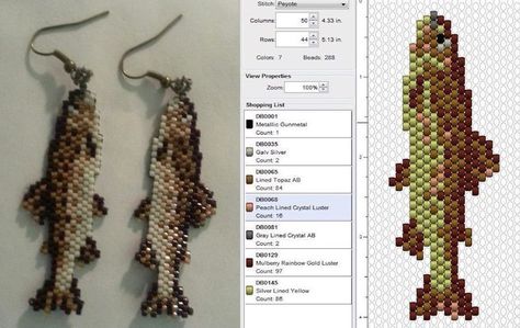 Trout Beaded Earrings, Beaded Earrings Animals, Beads Animals Patterns, Bead Fish Pattern, Fish Bead Pattern, Beaded Fish Earrings, Seed Bead Animals, Bead Animals Patterns Easy, Bead Knitting