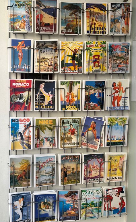 #postcards #southoffrance Post Cards On Wall Ideas, Postcard Display Wall, Vintage Postcard Display, Postcard Wall Decor, Postcard Project, 2025 Moodboard, Postcard Holder, Artsy Projects, Bookstore Design