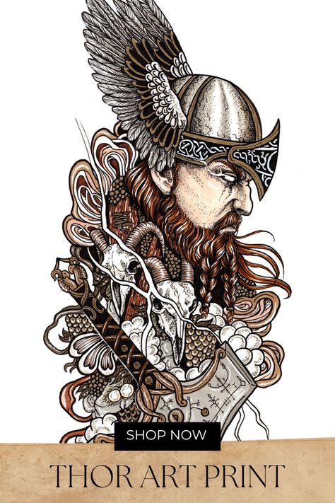 Thor art print Viking Interior Design, Viking Interior, Thor Norse Mythology, Norse Mythology Odin, Viking Home Decor, Norse Paganism, Modern Viking, Nordic Symbols, Viking Aesthetic