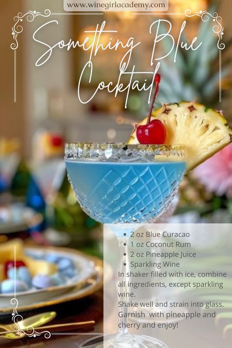 Something Blue - a stunning, easy-to-make wedding cocktail that combines coconut rum, Blue Curaçao, pineapple juice, and sparkling wine or champagne. Its vibrant blue hue, fits in with tradition and symbolizes love, making it a memorable addition to your special day. Quick to mix and sure to impress, it's the perfect way to toast to love and happiness! 💕 💍 Something Blue Cocktail, Blue Sangria Recipe, Blue Wedding Drinks, Sparkle Cocktail, Light Blue Cocktails, Blue Cocktail Recipes, Easy Blue Cocktails, Blue Cocktails For Wedding, Blue Mimosa