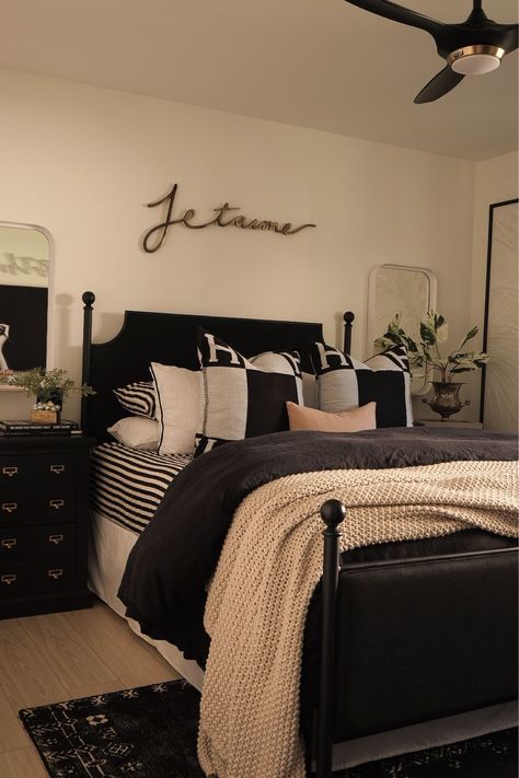 HomeHome DecorBedding & BathBed … curated on LTK Black And Tan Bedding, Tan Bedroom Ideas, Black And Cream Bedroom, Black White And Gold Bedroom, Black Upholstered Bed, Black Nightstands, Tan Bedroom, Bedroom Decor Black, Knit Bed