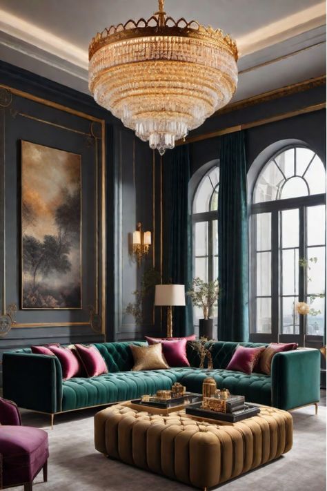 Glamorous living room with jewel tones and velvet furniture Dark Jewel Tone Living Room, Living Room Jewel Tones, Luxurious Living Room Ideas, Jewel Tone Living Room, Luxurious Living Room, Open Concept Living Room, Perfect Living Room, Living Room Remodel, Cozy Reading Nook