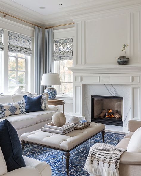 52 Elegant Blue and White Living Room Design and Decor Ideas – CreativeBooster Traditional Living Room Decor Ideas French Country Blue And White, Blue Accent Living Room Decor, Blue And White Interiors, Blue And Cream Living Room Ideas, Hamptons Style Decor Living Rooms, Living Room White And Blue, White Blue Living Room, Blue Accent Living Room, Blue And White Family Room