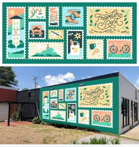 Wall Mural Typography, Mural Illustration Wall, Info Bulletin Board Ideas, Typographic Mural, Postcard Mural, Backyard Mural, Travel Mural, Community Mural, Studio Renovation