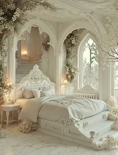 White Victorian House Aesthetic, White Royal Bedroom, Royal Room Aesthetic, Royal Princess Room, Greek Bedroom Aesthetic, All White Rooms, Vintage Princess Aesthetic Bedroom, Goddess Bedroom, Bedroom Back Wall Design