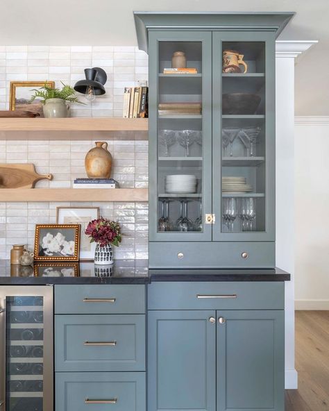 Stained Wood Shelves, Blue Green Kitchen, Black Quartz Countertops, Black Countertop, Bungalow Kitchen, Recessed Cabinet, California Ranch, Blue Kitchen Cabinets, Black Countertops