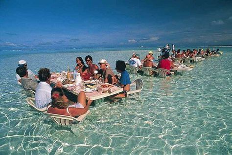 PRESS THIS PIC AND FOLLOW ME ON FACEBOOK!  Restaurant in Bora Bora - Restaurant tables and chairs in shallow ocean water in Bora Bora. جزر المالديف, Future Travel, Vacation Places, Bora Bora, Luxor, Oh The Places Youll Go, Pretty Places, Dream Destinations, Akita