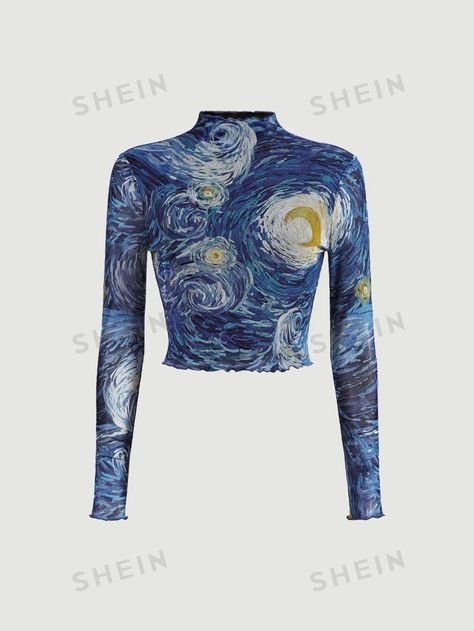 SHEIN MOD Mock Neck Marble Print Mesh Crop Blue Long Sleeve See-Through Starry Sky Top | SHEIN ASIA Top Shein, Marble Print, Blue Long Sleeve, Starry Sky, Mock Neck, Marble, Mesh, Long Sleeve, Blue