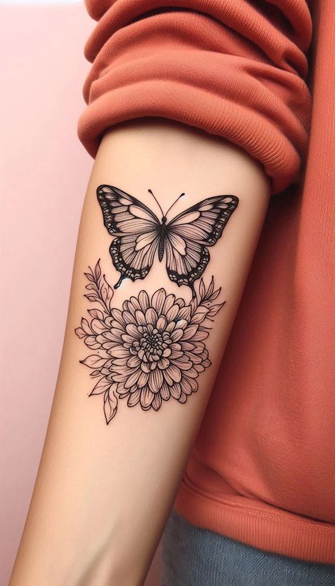 Simple Minimal Fine line Chrysanthemum Flower and Butterfly Tattoo Chrysanthemum And Butterfly Tattoo, Month Flowers Tattoos, Flower And Butterfly Tattoo, Name Flower Tattoo, Butterfly With Flowers Tattoo, Favorite Tattoos, Chrysanthemum Tattoo, Bouquet Tattoo, Flower And Butterfly