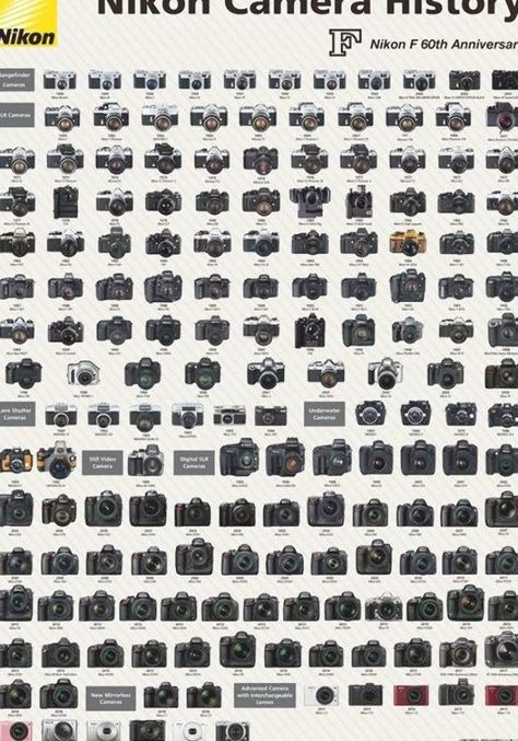 2019 Nikon camera history poster for the Nikon F 60th anniversary - Nikon Rumors Camera History, Nikon D60, History Poster, History Posters, Nikon Camera, Film Photo, Camera Nikon, 60th Anniversary, Film Cameras