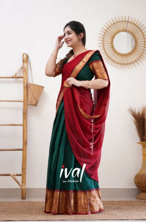 Maroon Half Saree, Dark Green Skirt, Shade Of Red, Skirt And Blouse, Crafts Hacks, Bottle Green, Green And Red, Green Blouse, Half Saree