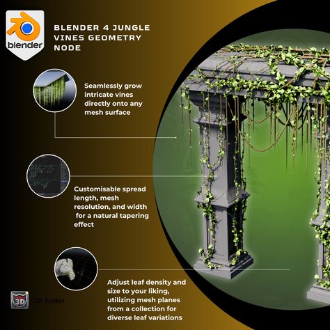 Explore advanced design techniques with Blender 4's Jungle Vines Geometry Node. Perfect for professionals looking to enhance their skills and push the boundaries of 3D foliage design. #blender4 #geonode #geometrynodes #foliage #3dfoliage #advanceddesign Blender Geometry Nodes, 3d Foliage, Jungle Vines, Geometry Nodes, Foliage Design, Design Techniques, Game Dev, Blender 3d, 3ds Max