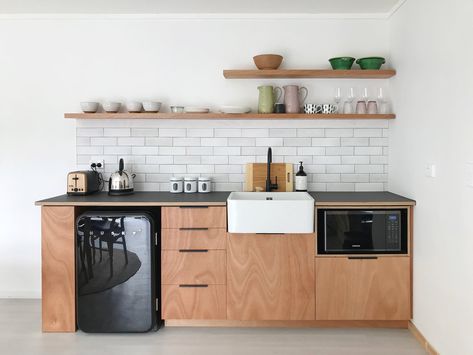 SMALL AND MINIMALISTIC AIRBNB KITCHENETTE — Motide Raglan Airbnb Kitchenette, Laminate Benchtop, Sustainable Tiny House, Drawer Microwave, Studio Kitchenette, Basement Laundry Room Makeover, Kitchenette Design, Basement Kitchenette, Small Kitchenette