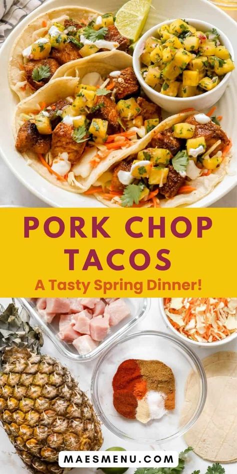 Celebrate spring with this mouthwatering pork tacos recipe! This is a delicious twist on traditional tacos, one of our favorite spring food ideas. Tender pork, fresh toppings, and zesty flavors combine for a fiesta in every bite. Try this spring food recipe today! Pork Chop Tacos, Spring Food Recipes, Spring Food Ideas, Diced Pork Recipes, Pork Tenderloin Tacos, Traditional Tacos, Pork Cooking Temperature, Pineapple Pork Chops, Tacos With Pineapple